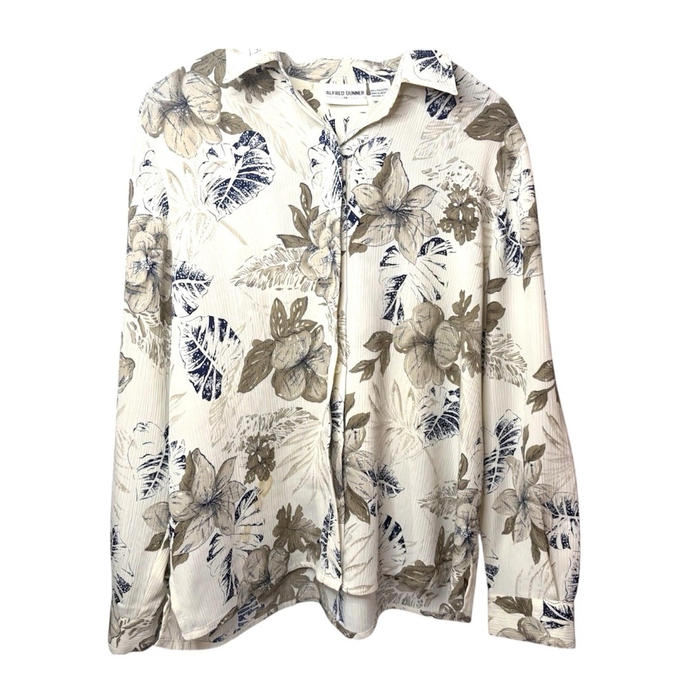 Alfred Dunner Floral Semi Sheer Shirt SZ 14 Beige Button Up Long Sleeve Blouse